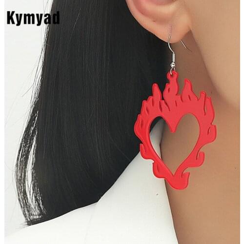 Kymyad Red Earrings For Women Creative Acrylic Flame Earrings Retro Personality Heart Earings Jewelry Boucle oreille Femme