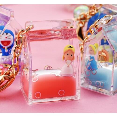 Creative Acrylic Milk Carton Leather Cord Keychain Liquid Floating Jingle Doll Princess Key Chain Women Men Bag Pendant Keyring