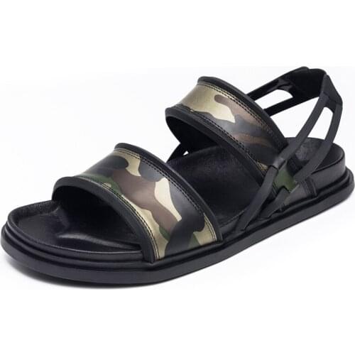 Men Sandals 2020 Summer New Camouflage Real Leather Open-toed Slippers Indoor Top Quality Leather Beach Slides Shoes Hombre