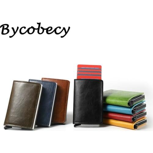 Bycobecy New RFID Credit Card Holder Wallet Men Women Metal Vintage Aluminium Crazy Horse PU Leather Bank ID Card Case With Box