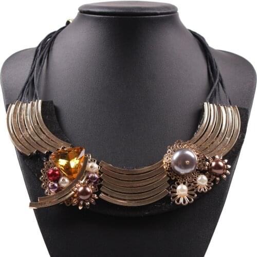 New Latest Design Black Rope Chain Necklace Gold Color Glass Crystal Pearl Bib Necklaces Pendants Choker Jewelry for Women