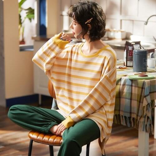 2021 Autumn Winter Long Sleeve Cotton Casual Striped Pajama Sets for Women Loose Sleepwear Pyjamas Homewear Pijama Mujer Clothes
