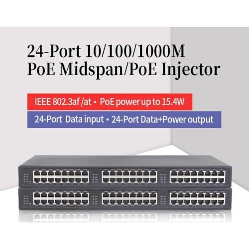 PJ124G 24-Port Gigabit Poe Injector 10/100/1000M RJ45 Input, 24-Port PoE Output with IEEE802.3af/at, poe midspan