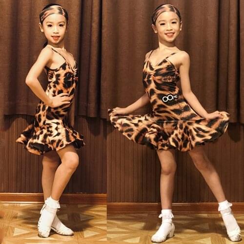 Girls Latin Dance Performance Dress Leopard Print Costume Latin 2020 New Summer Suspender Dress Kids Stage Backless Clothes 4171