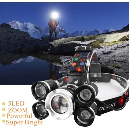 Drop Shipping Powerful Headlight 5 LED T6 headlamp ZOOM Flashlight Torch Hunting head light Fishing light camping lantern