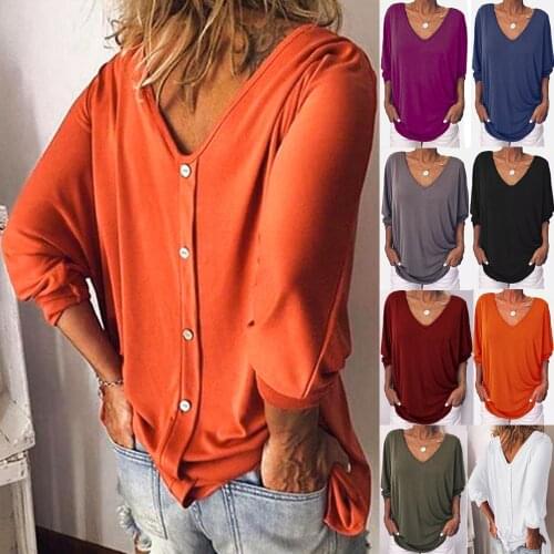 Pullovers V- Neck Bat 3/4 Sleeves Cotton Sweater Spring Women Plus Sizes Loose Solid Color Back Button Vintage Shirts