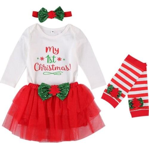 Newborn Baby Girls Christmas 4Pcs Romper Skirt Leg Warmer Headband Suit Fashion Letter Printed O-neck Tutu Skirt Bow Decorated