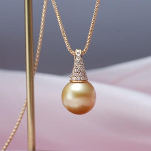 Sinya Golden pearl pendant Real diamonds 18K Au750 gold pendant necklace with 60cm corn chainsfor women ladies high luster Hot