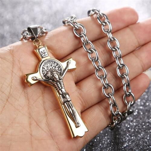 Stainless Steel Byzantine Heavy Chain Cross Necklace Saint Catholic Benedict Crucifix San Jesus Benedict Necklaces For Men 24