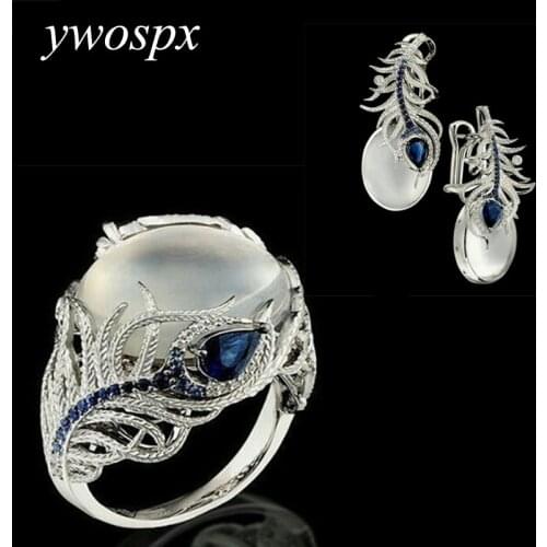 YWOSPX Elegant Wedding Jewelry Sets Vintage White Moonstone Silver Color Feather Rings / Earrings for Women Gift Brincos Anillos