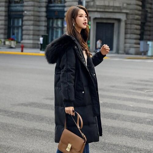 Real Natural Raccoon Fur 2019 Winter Jacket Women Long White Duck Down Jacket Outwear Hooded Loose Coat Thick Warm Down Parka