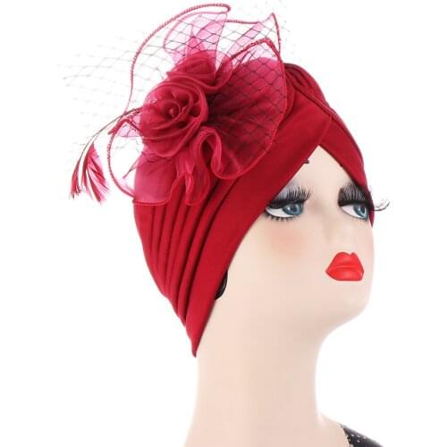 2021 New Monochrome With The Same Color Feather Mesh Large Flower Elegant Muslim Decorative Hat India Cap Women Turban