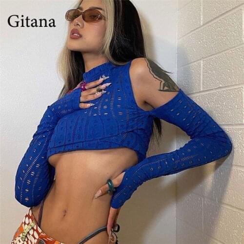 Gitana Autumn Knitted Hollow Out Crop Top Women Vintage Y2K Long Sleeve T-Shirt Off-Shoulder Fashion Street Party Clubwear