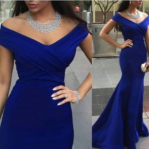 Roy Blue Off The Shoulder Court Train Floor Length Mermaid Satin Evening Dresses Long Mermaid Party Gowns