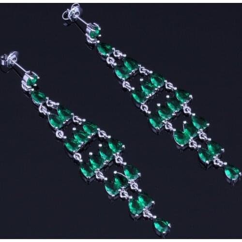 Sparkly Water Drop Green Cubic Zirconia Silver Plated Drop Dangle Earrings V0206