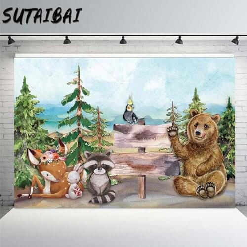Wild One Forest Jungle Animals Backdrop Brown Bear Raccoon Rabbit Deer Decor Photography Background Newborn PhotoStudio Banner