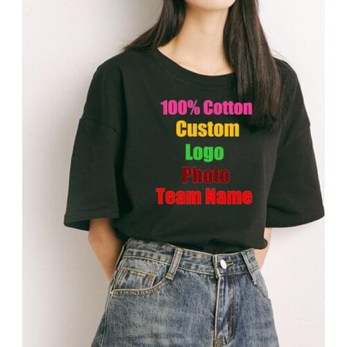 Korean Preppy Girl Oversized Cotton Women T shirt Custom Logo Photo Text Printed Tees Loose Customized lady Summer Solid T-shirt