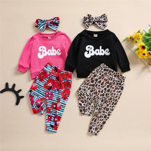 Baby Girl Clothes Set Letter Sweatshirt Top Leopard Floral Pants Trousers Headband 0-3Y Infant Toddler Spring Fall Casual Outfit