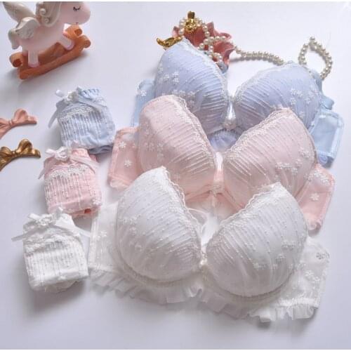 Ethika Cute Underwear Women Girls Set Lace Sexy Honeymoon Lingerie Femme Lolita Luxury Push Up Bra and Panty Set White Pink New