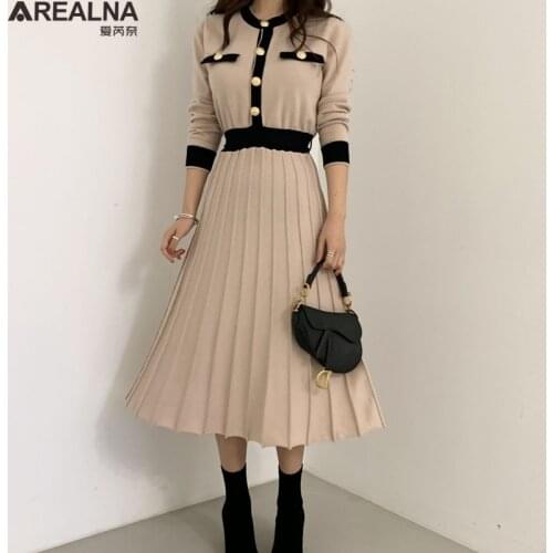 Korean Elegant Knitted Long Dress Women Long Sleeve Color-blocked 0-neck party woman dress A-line Pleated Dresses Vestidos 2020