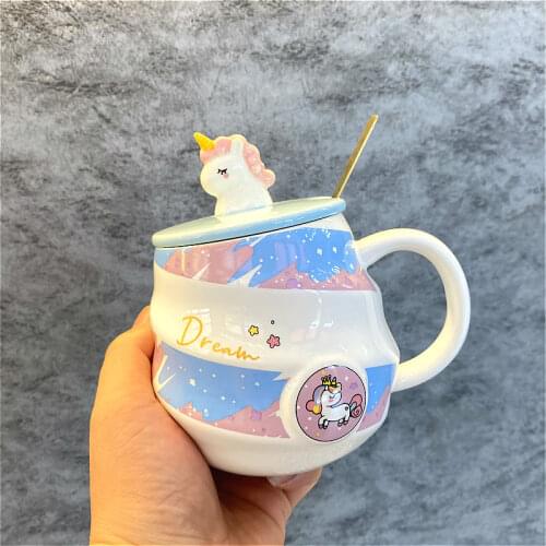 Creative cartoon ceramic cup unicorn mug with lid spoon couple water glass Nordic coffee mug fun gift Horse cup Phone cup CL1218