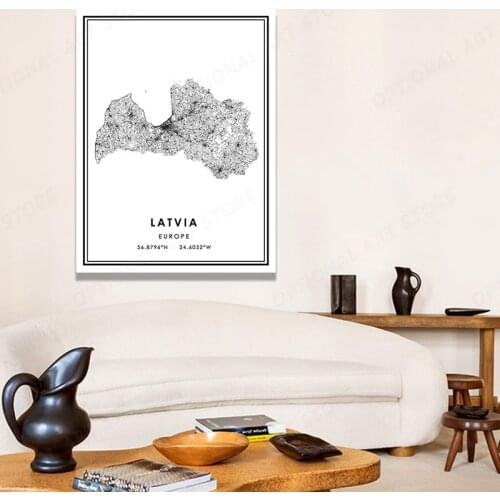 LATVIA Simple Nordic Abstract Canvas Printing Black and White Line Foreign City Map Wall Art Poster and Print Pictures for Home