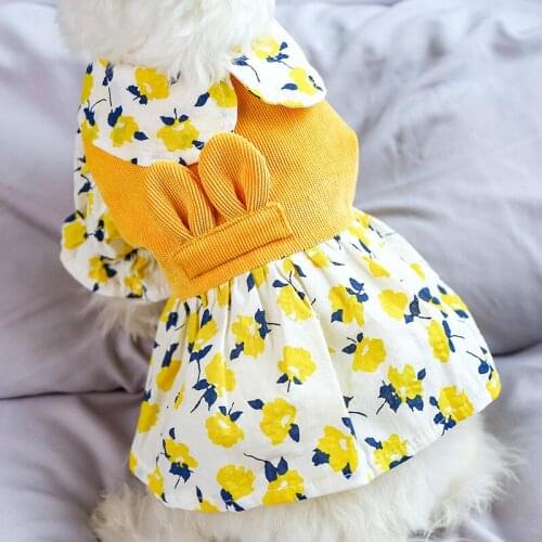 Cute Cats Clothes Dogs Skirts Yellow Printing Corduroy Splicing Dogs Clothing For Small Dogs Doll Collar Fashion Cats Dresses