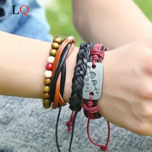 Boho Multilayer Leather Bracelet Eye Feather Hand Love Life Tree Wing Charms Beads Bracelets for Men Vintage Punk Wrap Wristband