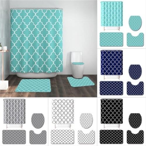 Bathroom Mat Set Non-slip Lantern Pattern Bathroom Mat Suit Coral Fleece Shower Curtain Floor Mat Washable Bathroom Toilet Rug