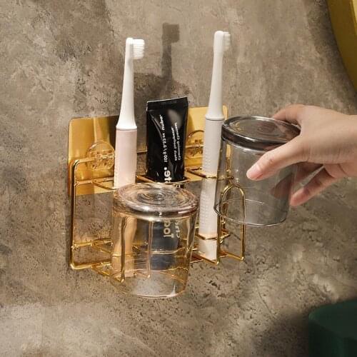 Wall Mounted Metal Golden Bathroom Sink Storage Rack for Tooth Cups Toothpastes Shower Accessories Cosmetic Make up Tools Soap