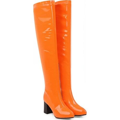 2021 New Winter Ladies Boots Fashion Round Toe Patent Leather Over The Knee Thick Heel Candy Color Boots Oversized Customization