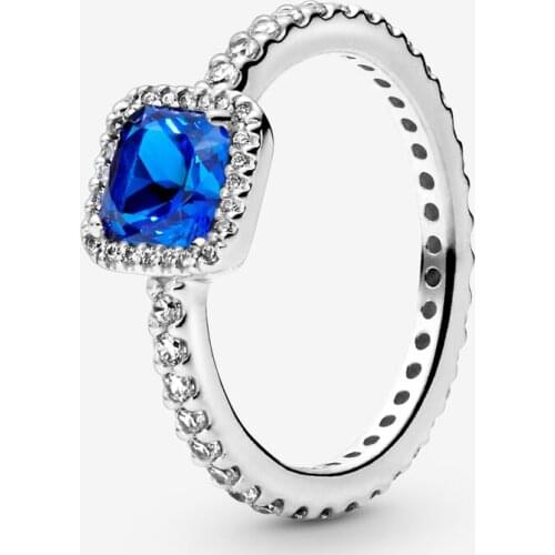 New Original 925 Sterling Silver Blue Square Sparkle Halo Pan Ring For Women Resizable Wedding Engagement Rings DropShipping