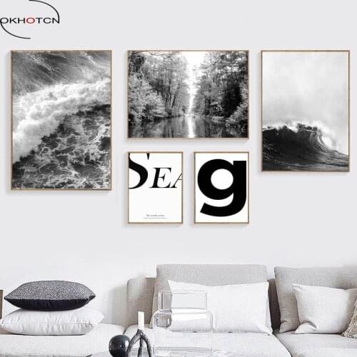 OKHOTCN No Framed Ocean Scenery Canvas Painting Nordic Posters White and Black Sea View For Living Room Wall Pictures Decor