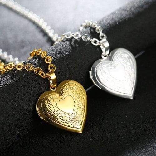 Classic Heart DIY Floating Locket Pendant Necklaces Women Fashion Gold Silver Color Copper Carving Flower Photo Necklace Jewelry