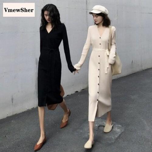 VmewSher Sexy Knitted Sweater Dress Women Solid with Belt V Neck Sheath Dress Slim 2020 Autumn New Elegant Single Breasted Dress