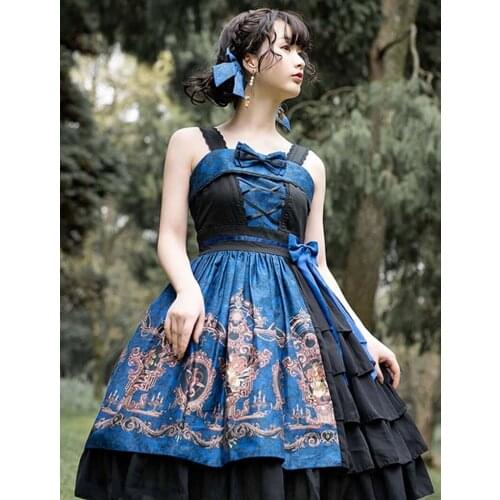 Gothic palace sweet princess lolita dress vintage falbala high waist printing victorian dress kawaii girl gothic lolita jsk loli