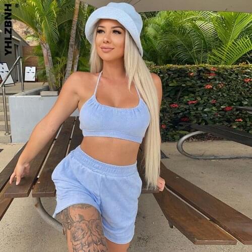 YHLZBNH Casual Women Towelling Tracksuit Shorts Set Sexy Halter Summer Tops And Mini Loose Shorts Two Picece Set Lounge Wear