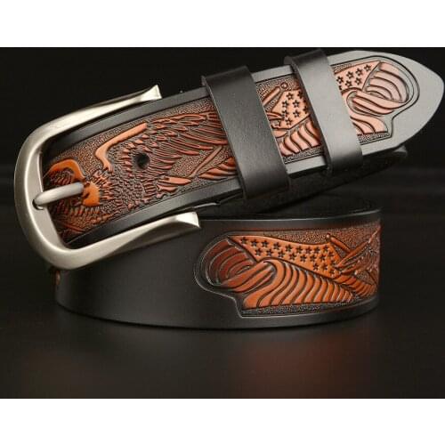 Mens real cowhide belt, eagle carved cowhide belt, mens personality casual pin buckle jeans belt