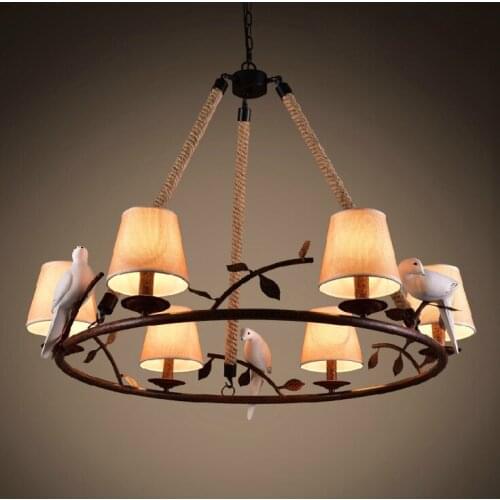 Retro loft birds rope iron pendant lights vintage lamp resin bird fabric lampshade for kitchen dining room hanging lighting