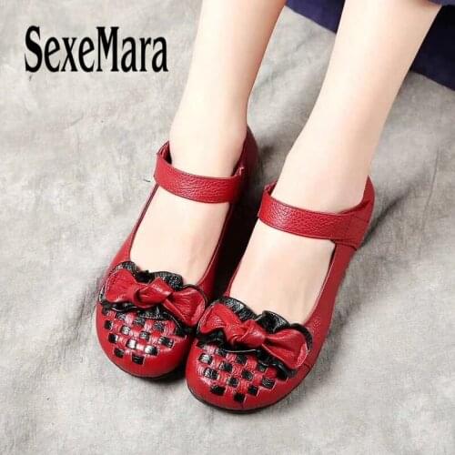SexeMara Genuine Leather Butterfly-knot Women shoes Handmade Woven Mixed Colors Black Red Travel Nurse Mom shoes size 35-41