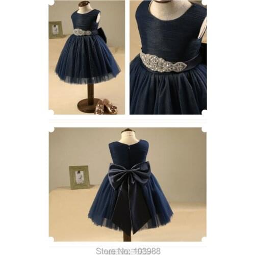 Navy blue A line Flower Girl Dresses O-neck Beads Crystal Pageant Dress Kids Communion Gown bridesmaid wedding Birthday gift