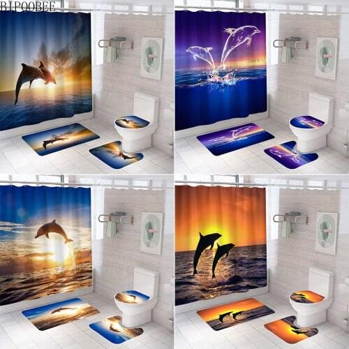 High Quality Ocean Dolphin Fabric Shower Curtain Flannel Toilet Cover Anti-slip Rug Bath Mats Rugs Carpet Bathroom Curtains Set
