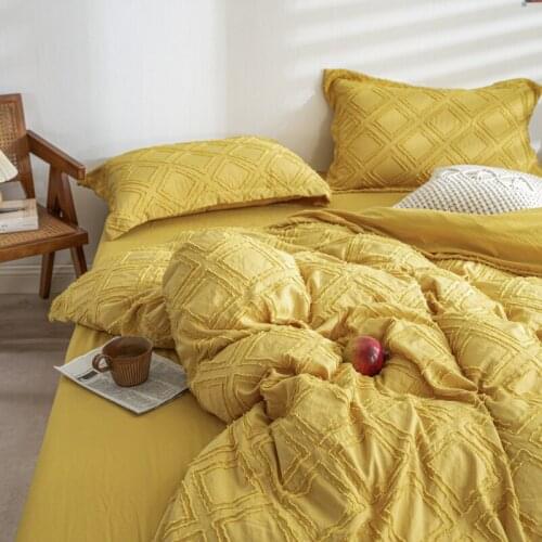 Bright Yellow Tufted Bedding Set Soft Brushed King Queen Single Size Quilt Cover Set 3/4 pcs Solid Color Boho Flat Bed Sheet set
