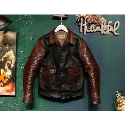 YR!Free shipping.Senior player.Vintage Japanese style leather jacket.Rough buffalo and horsehide.thick leather clothes