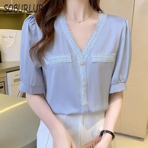 Women Blouse Short Sleeve Chiffon Blouses Summer New Elegant Lace Shirts Female Office Lady White Tops Simplicity V-neck Shirts