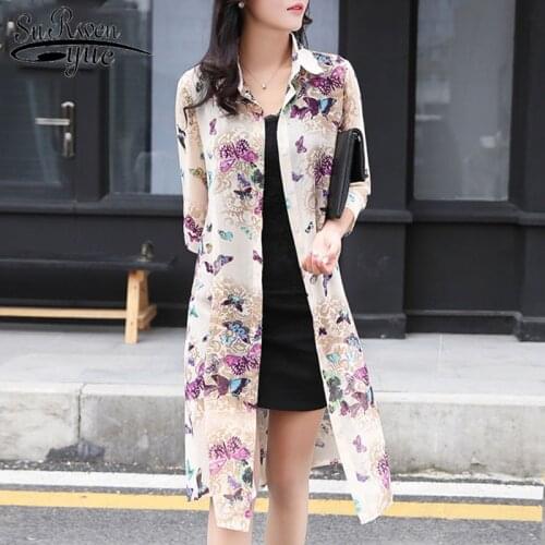 Summer Sun Protection Women Long Blouses Thin Floral Chiffon Cardigan Half Sleeve Loose Flower Print Blouse Shirts Korean 4152
