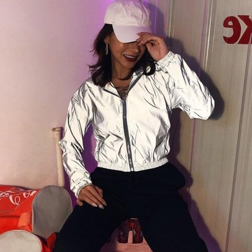 Women Reflective Long Sleeve Hoodie Jacket Zip Up Sweatshirt Coat Hiphop Windbreaker Night Running Shiny Cropped Outwear