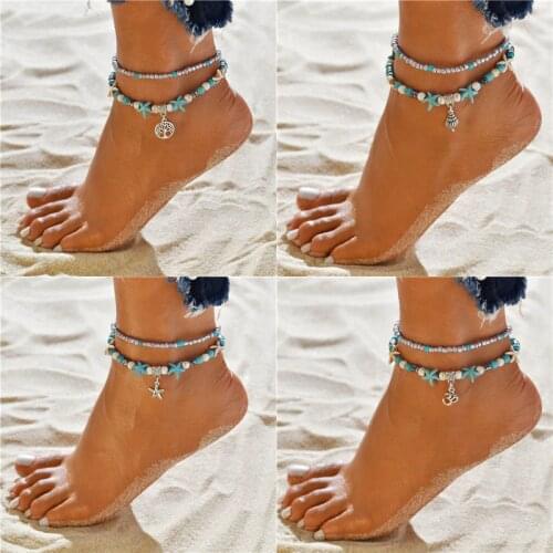 Modyle Boho Ethnic Antique 2 Layer Ankle Bracelet Cute Starfish Cuckold Foot Chain For Women Summer Beach Jewelry