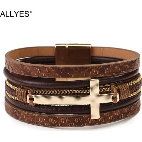ALLYES Vintage Cross Leather Bracelet for Women Multilayer Chain Charm Braided Wrap Bracelet Religious Jewelry