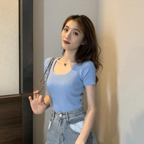 Woman Sweaters Pullover Womens Short-Sleeved T-shirt Knitted Square Collar Big Neckline Top Femme Chandails